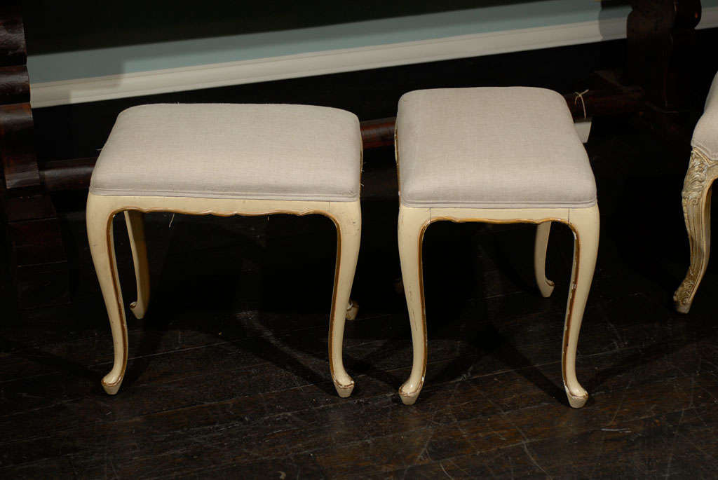 Upholstery A Pair of French Vintage Louis XV Style Painted Stools with Gilt Accents