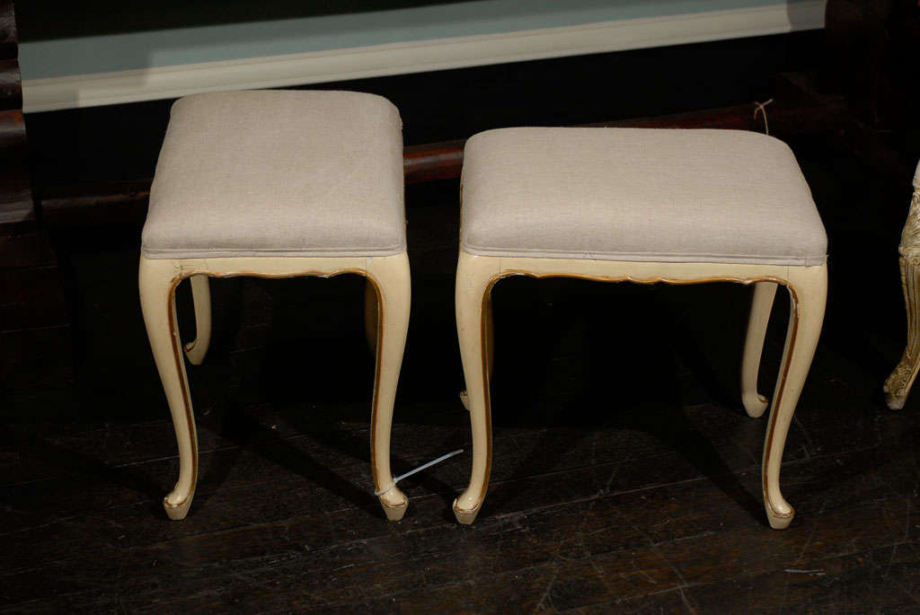 A Pair of French Vintage Louis XV Style Painted Stools with Gilt Accents 1