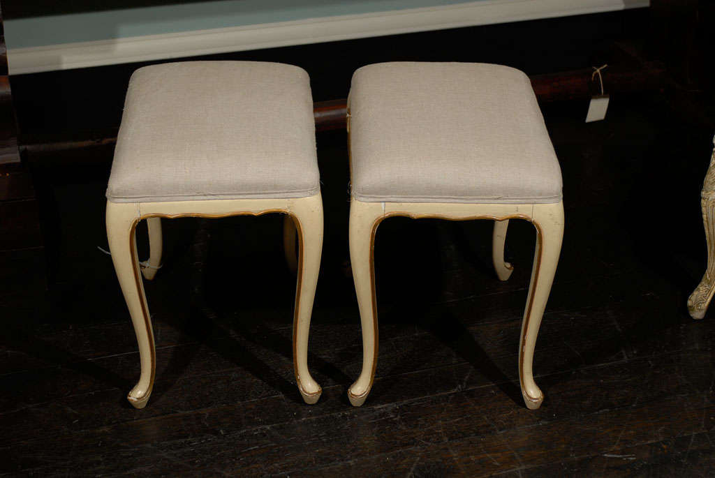 A Pair of French Vintage Louis XV Style Painted Stools with Gilt Accents 3