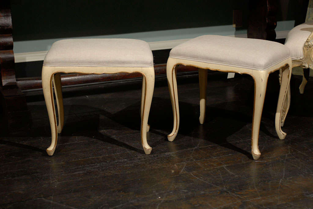 A Pair of French Vintage Louis XV Style Painted Stools with Gilt Accents 5