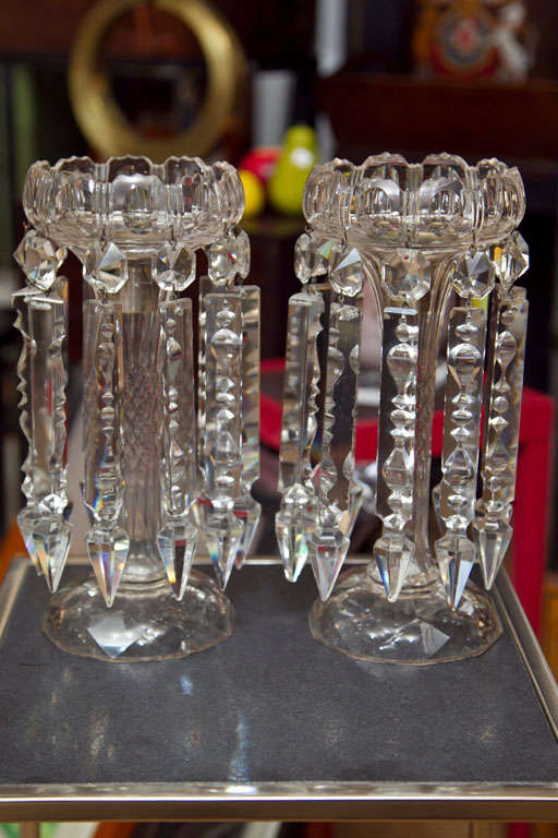 Etched and cut crystal lustre candleholders with ten long crystal drops, very detailed.