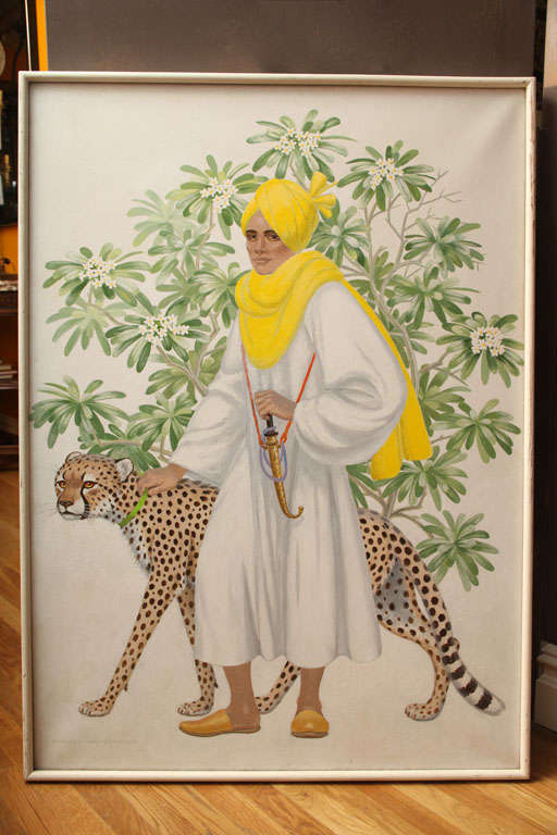 A signed oil on canvas by American artist Charles Baskerville* depicting a turbaned male figure with cheetah in Indian costume and wearing a draped yellow scarf. <br />
Titled 