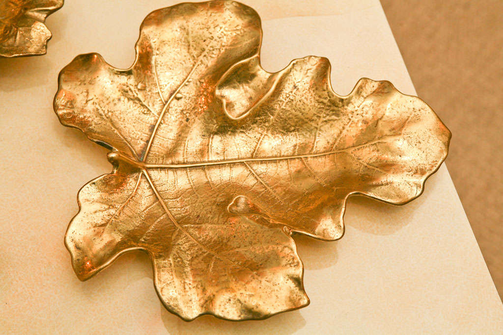 These amazing brass leaves are naturalistic in their sizes and forms. <br />
They make great accessory trays and are very collectible.<br />
Each leaf is weighted and has the Latin name embossed on the back. <br />
Priced individually from $100.