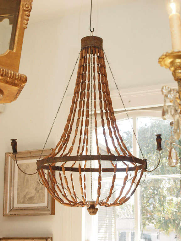 19th Century French tole and wood bead chandelier For Sale