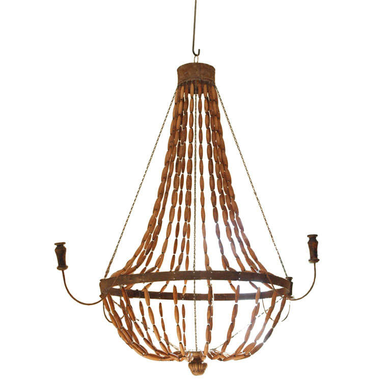 French tole and wood bead chandelier For Sale