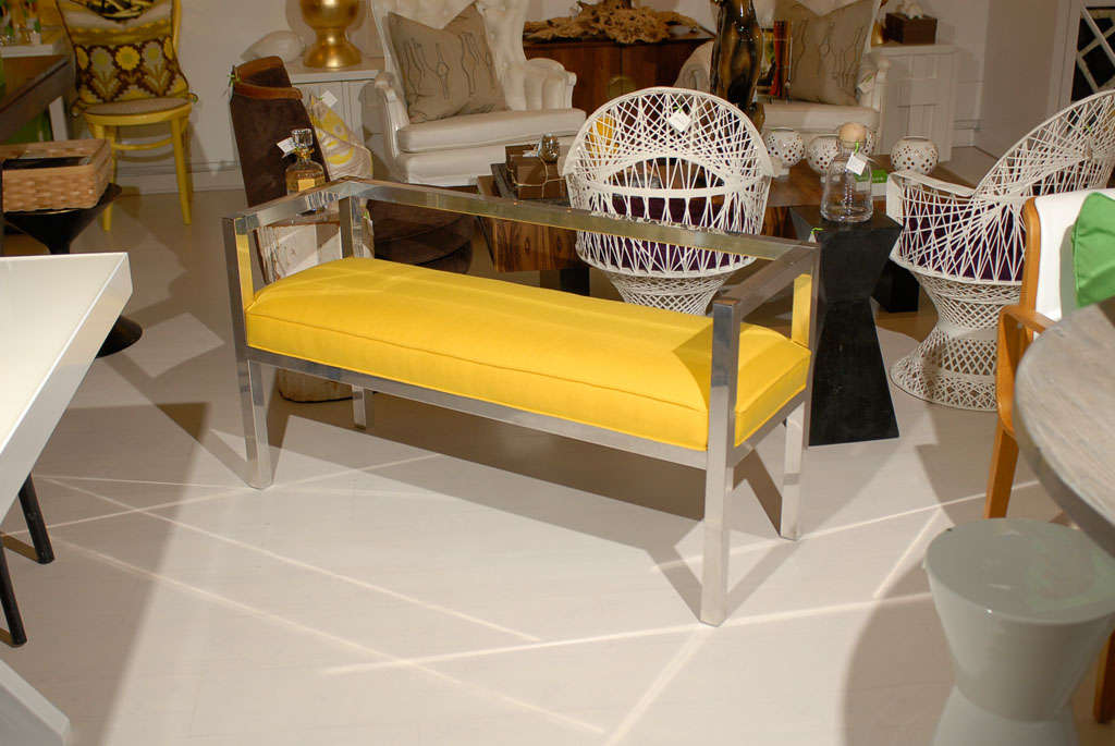* Chrome linear frame<br />
* Newly upholstered fixed cushion bench seat<br />
* Very comfortable<br />
* Self welt<br />
* Yellow wool felt fabric<br />
* Reproduction of a 70's fabric <br />
* Light weight