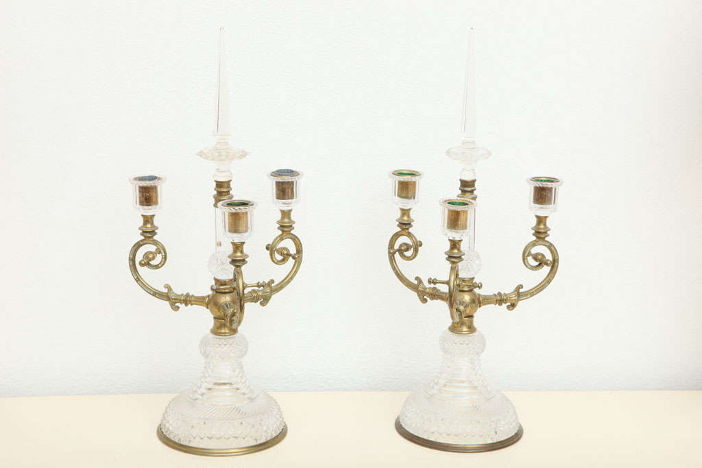 Pair of F and C Osler Bronze & Crystal Table Candelabra