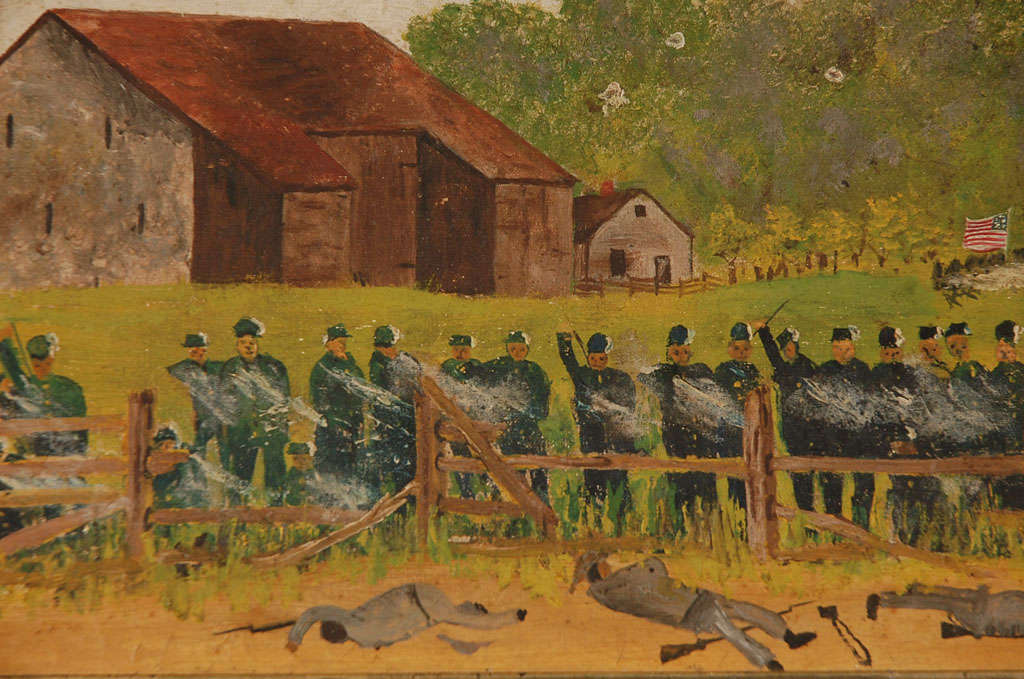 American Gettysburg Battle Scene, Signed Primitive Painting