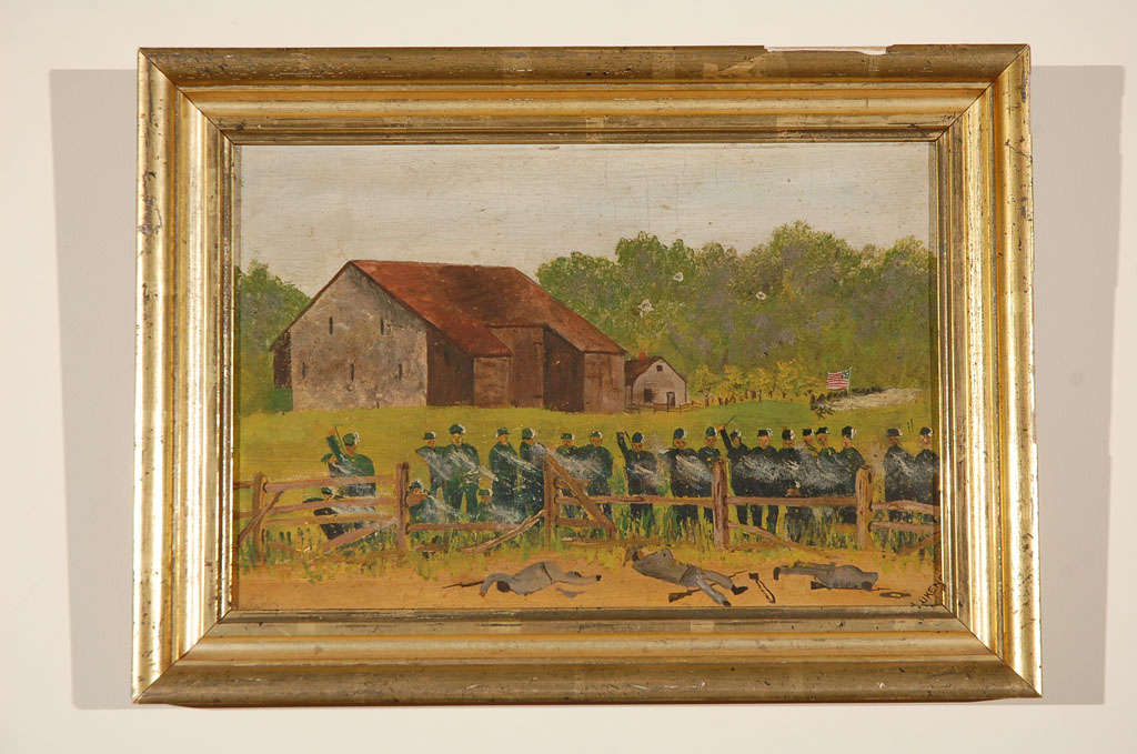 Painting depicts the first day of the battle of Gettysburg, July 1, 1863. It shows fighting near the McPherson barn, which still stands today. The fence in the foreground is the Chambersburg Pike. The soldiers in blue are members of the 150th