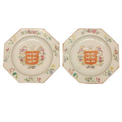 Pair of Chinese Export Octagonal Plates with Rosewood Stands