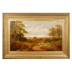 Antique Large Carved Gilt Framed Oil On Canvas Painting with Sheep