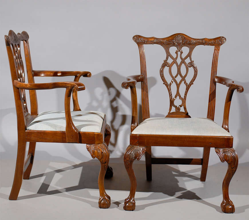 English Pair of 18th Century Irish Chippendale Arm Chairs in Mahogany