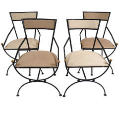 Iron and Bronze Curule Form Set of Chairs, French c. 1950