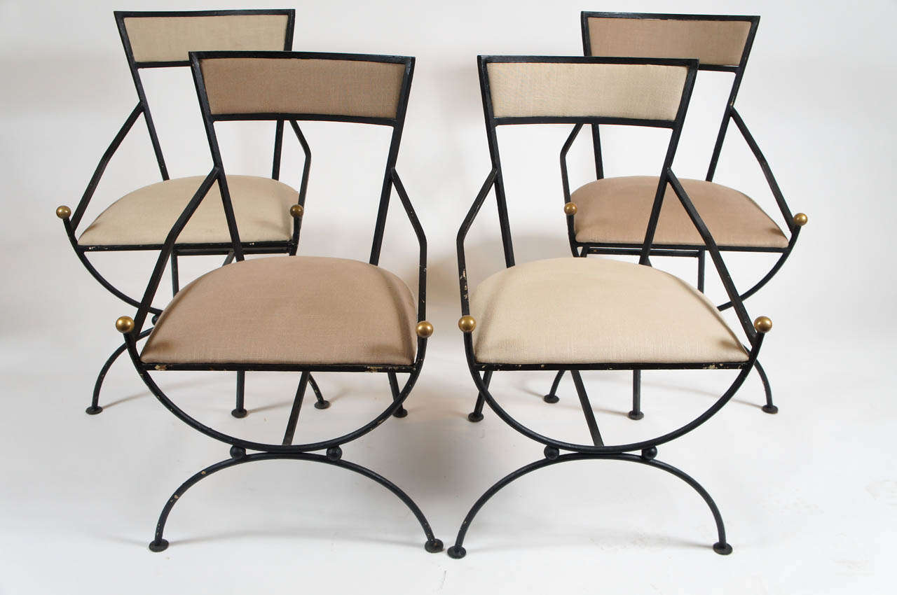Hollywood Regency Iron and Bronze Curule Form Set of Chairs, French c. 1950