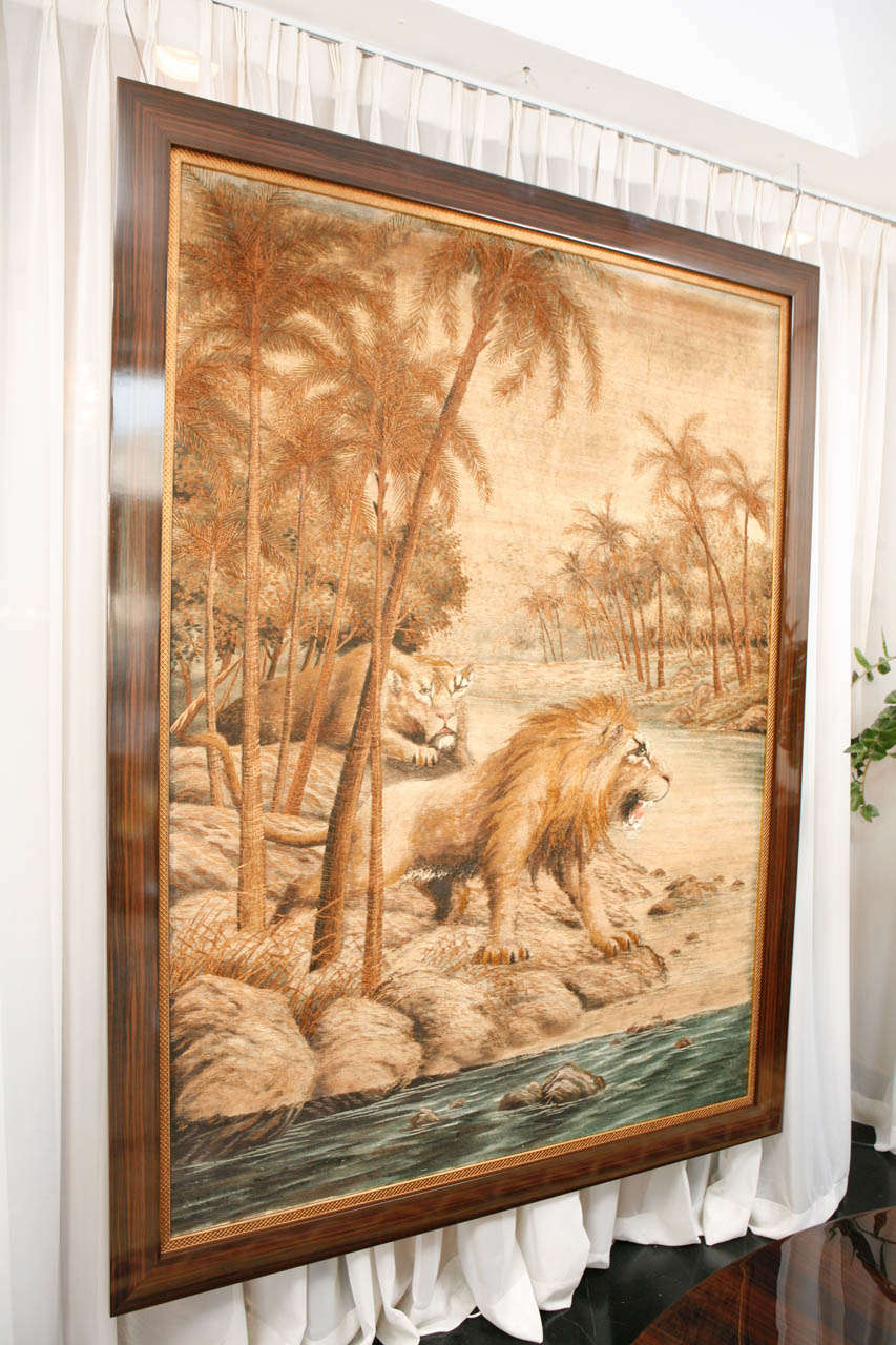 Oversized Lion and Lioness Tapestry. Framed in beautiful gold detailed inner frame with macassar border. Partner tapestry is of set of tigers.