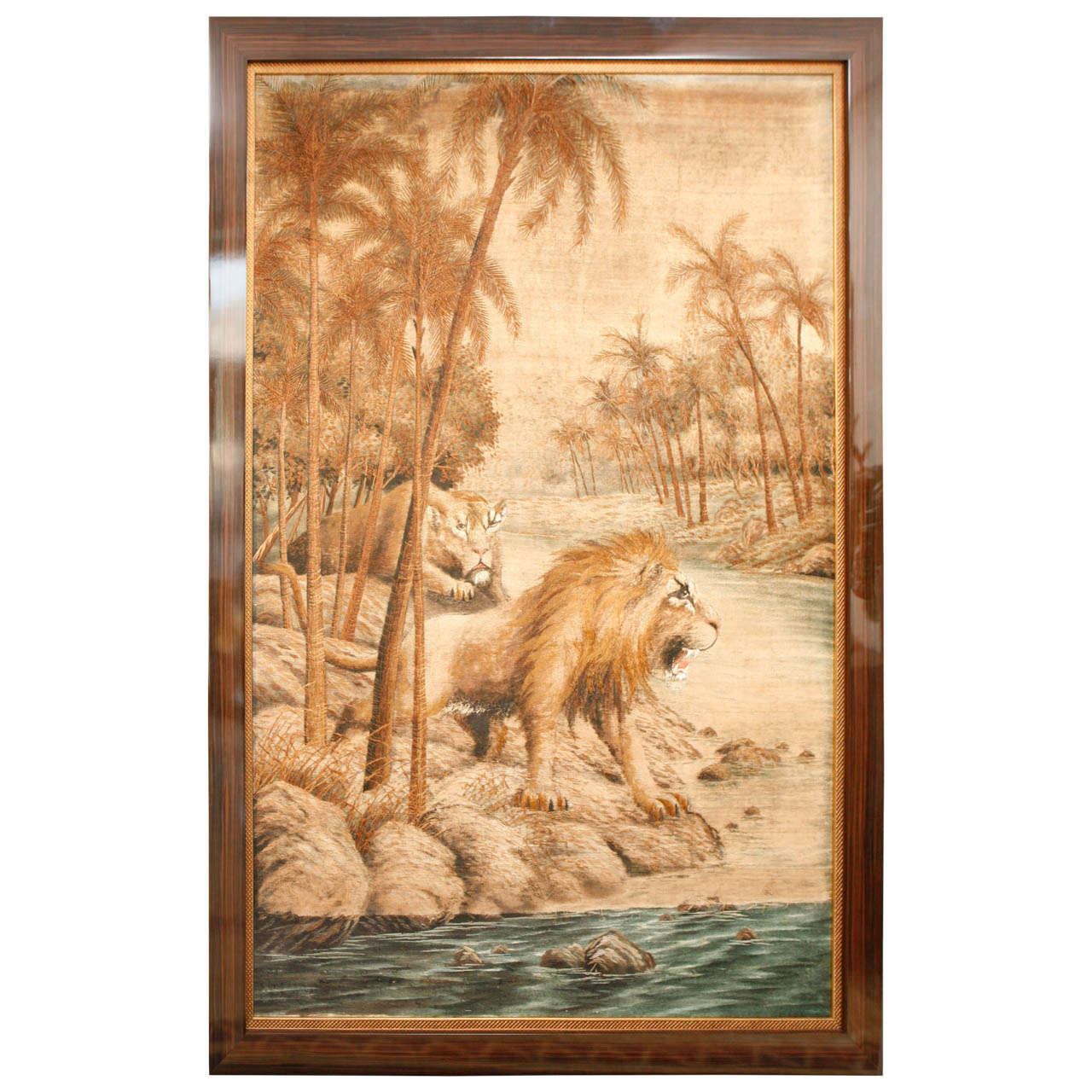 Oversized Lion and Lioness Tapestry with Macassar Frame