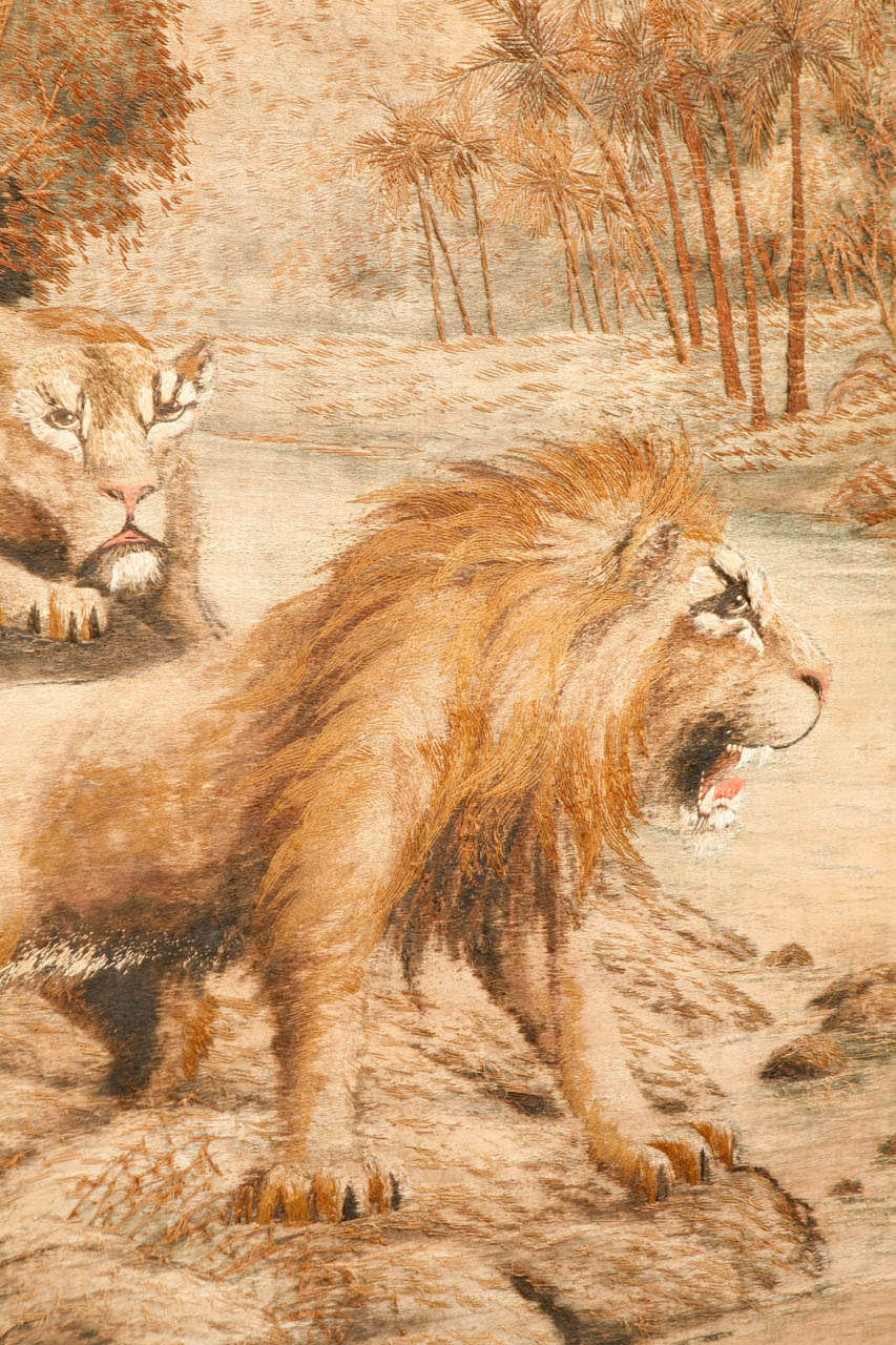 French Oversized Lion and Lioness Tapestry with Macassar Frame