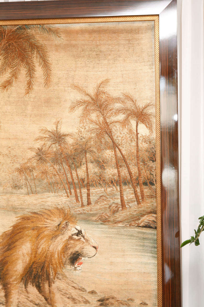 Oversized Lion and Lioness Tapestry with Macassar Frame In Good Condition In Los Angeles, CA