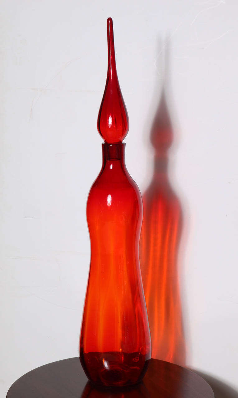 rare and massive Red hand blown Blenko Bottle with tear drop stopper (29