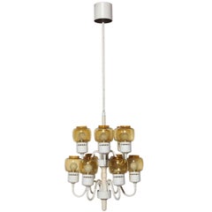 Vintage Hans Agne Jakobsson 2 Tier Off White Hanging Pendant with 12 Amber Glass Shades