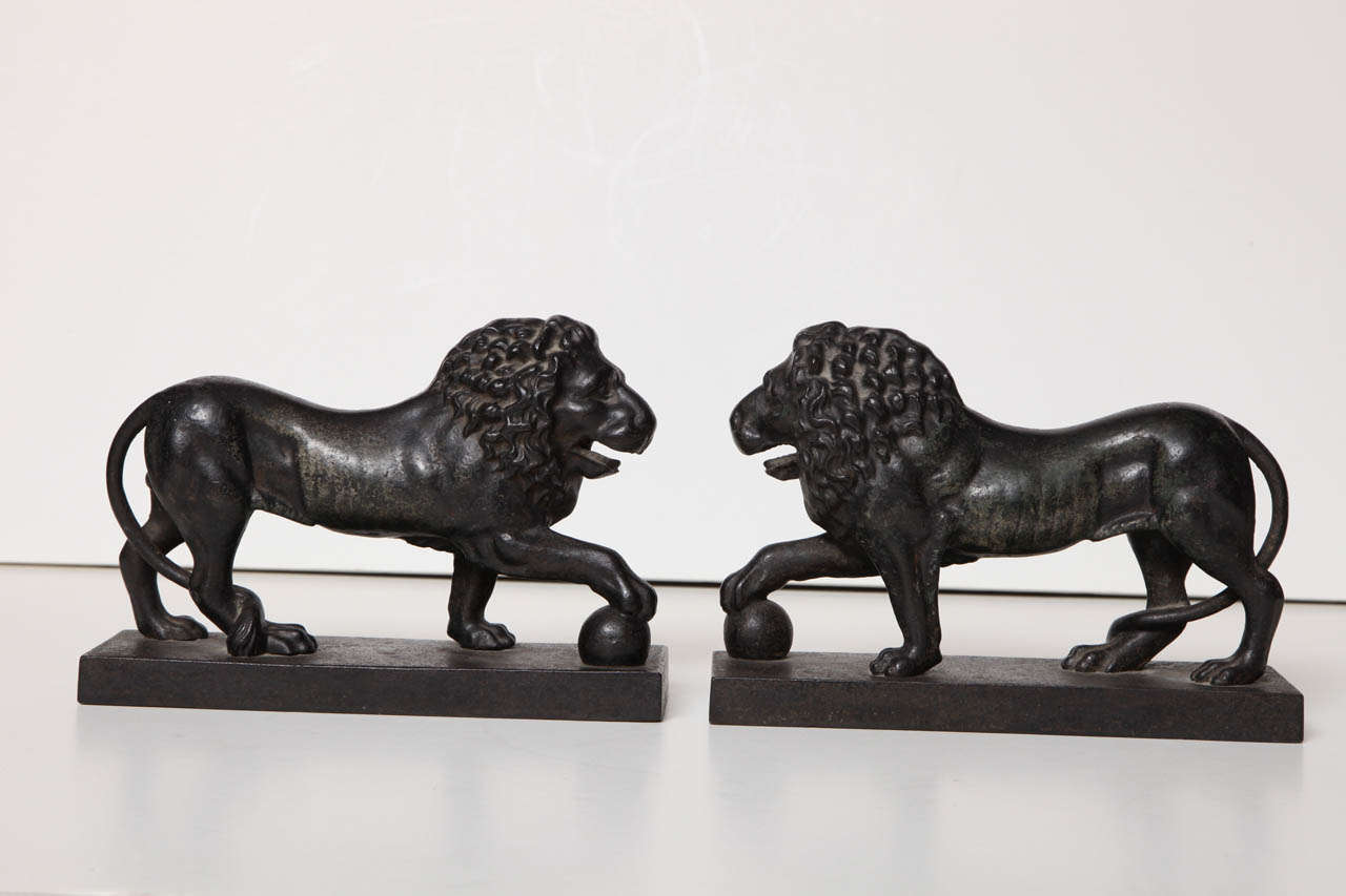 A pair of early19th century English 
cast iron lions with paws raised
on rectangular plinths