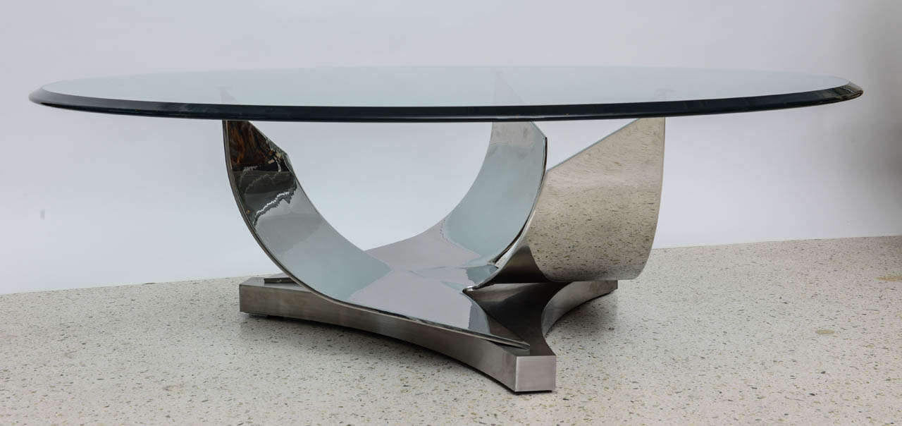 Mid-Century Modern Ron Seff Polished Chrome and Stainless Steel Glass Top Low Table For Sale