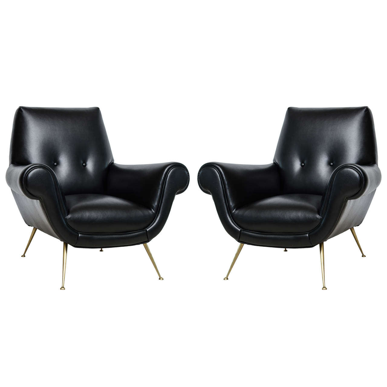 Pair of Italian Modern Leather and Brass Lounge Chairs, Minotti