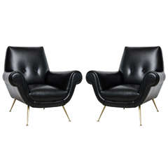 Pair of Italian Modern Leather and Brass Lounge Chairs, Minotti 2