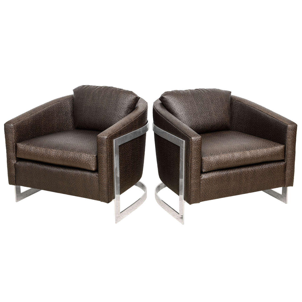 Pair of Mid Century Modern Polished Chrome and "Ostrich" Upholstered Chairs For Sale