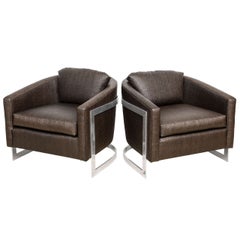 Pair of Mid Century Modern Polished Chrome and "Ostrich" Upholstered Chairs