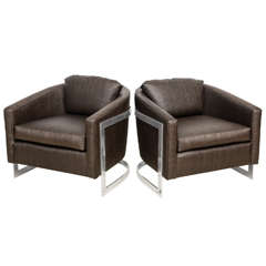 A Pair of Milo Baughman Polished Chrome and "Ostrich" Upholstered Chairs 8