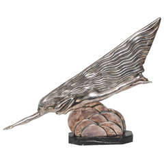 An Important Art Deco Guirand Riviere "Comet", SIlver over Bronze on a Marble Base