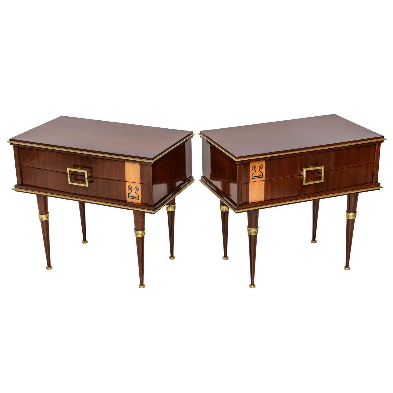 Pair of Italian Modern Walnut, Sycamore, and Bronze-Mounted Bedside Tables For Sale