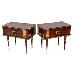 Pair of Italian Modern Walnut, Sycamore, and Bronze-Mounted Bedside Tables