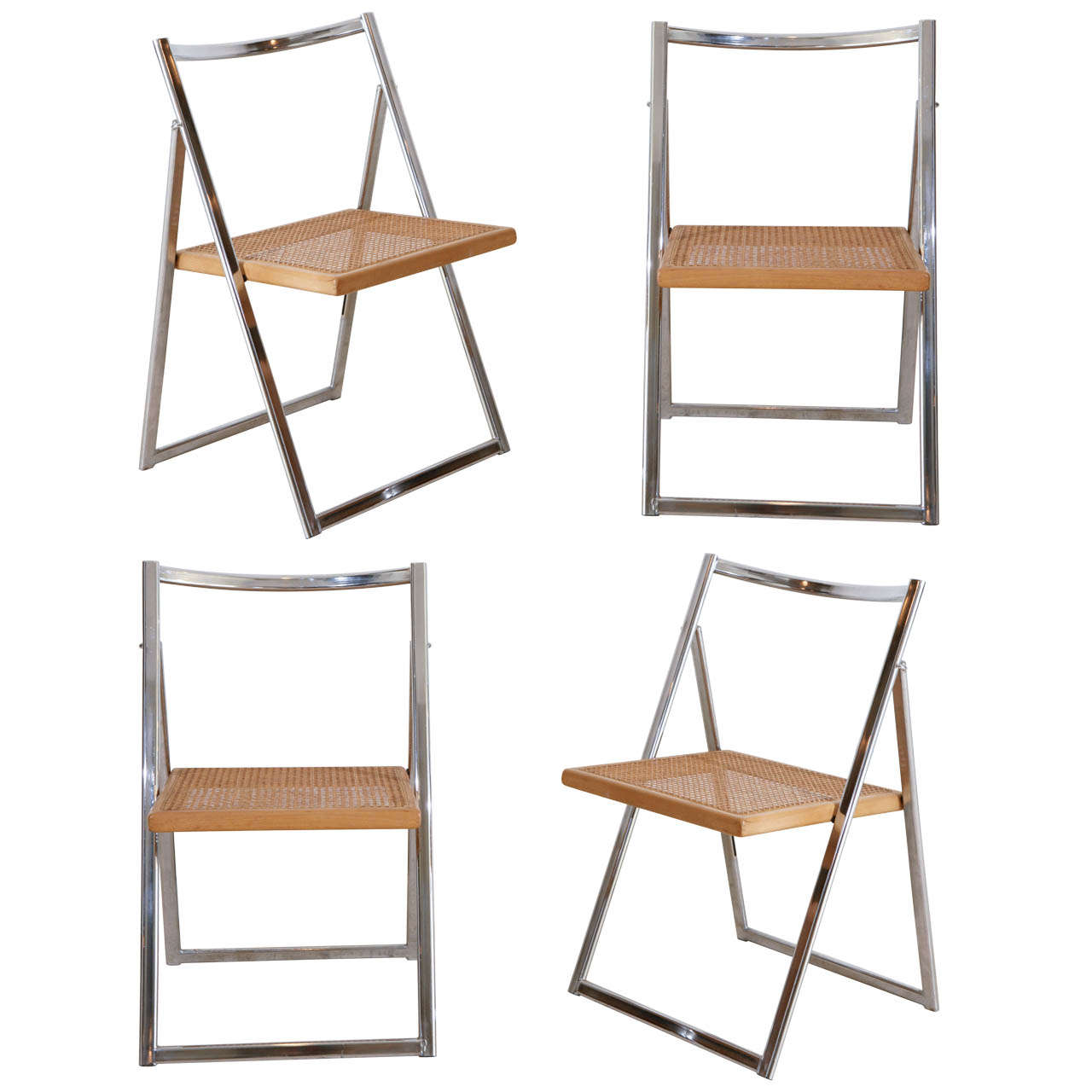 Set of 4 Italian Folding Chrome and Cane Chairs