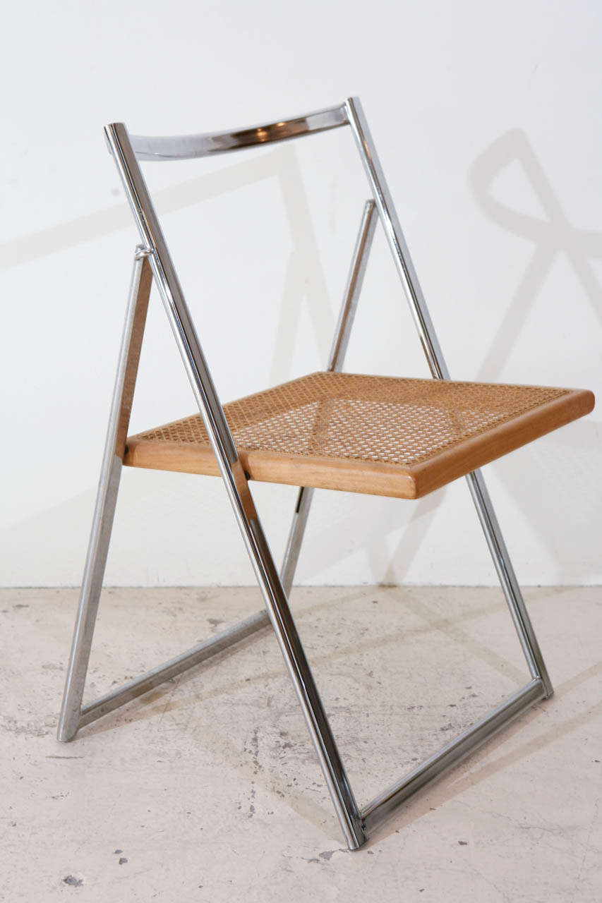 Set of 4 Italian Folding Chrome and Cane Chairs In Excellent Condition In Los Angeles, CA