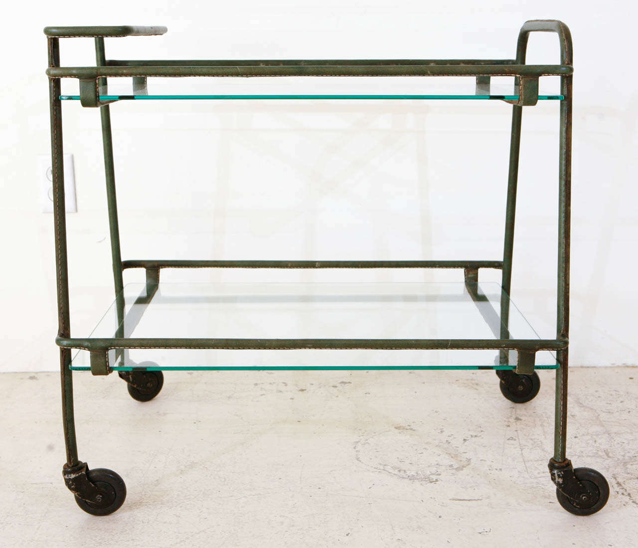 Green Stitched Leather over Steel Drinks Trolly by Jacques Adnet
