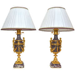 Pair Of Rare Marble Lamps With Sik Lamp Shade