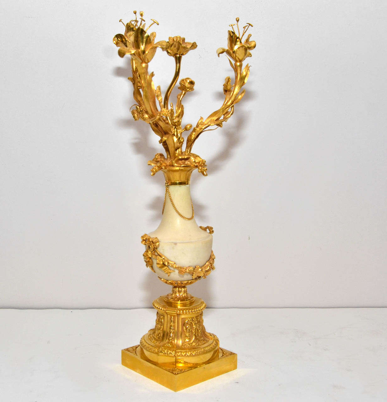 French Pair of Louis XVI Style , Gilded Bronze and Marble candelabras For Sale