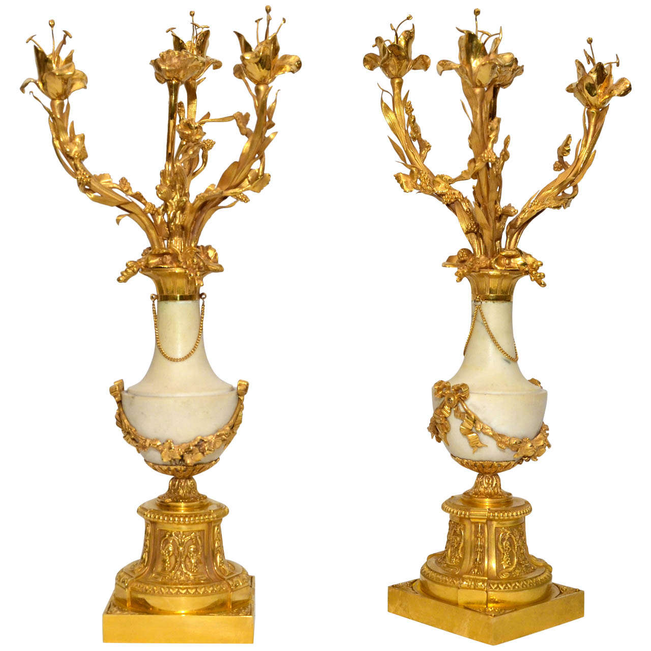 Pair of Louis XVI Style , Gilded Bronze and Marble candelabras For Sale