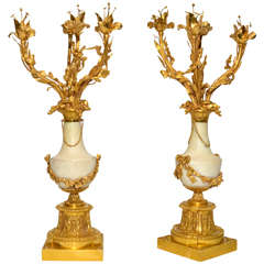 Pair of Louis XVI Style , Gilded Bronze and Marble candelabras