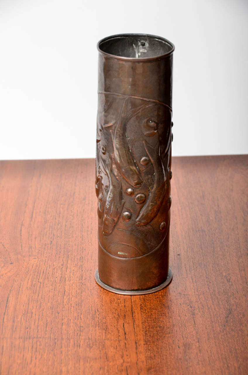 English Arts & Crafts Copper Vase by Newlyn School.  All characteristic hallmarks:  rivets, feeding fish, bubbles --raised and hand-hammered ornament.  English, circa 1900.