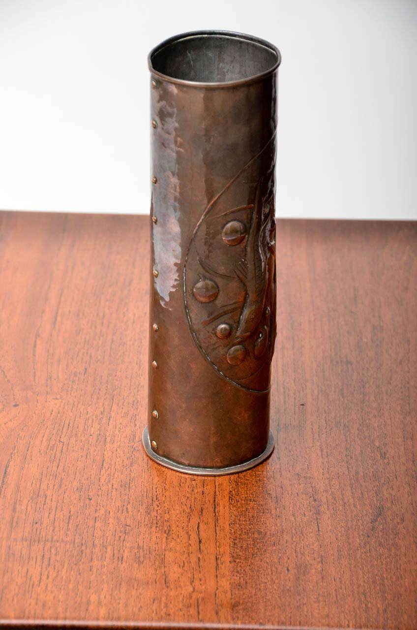 Arts and Crafts Newlyn Repouse Copper Vase with Fish Motif ca. 1900