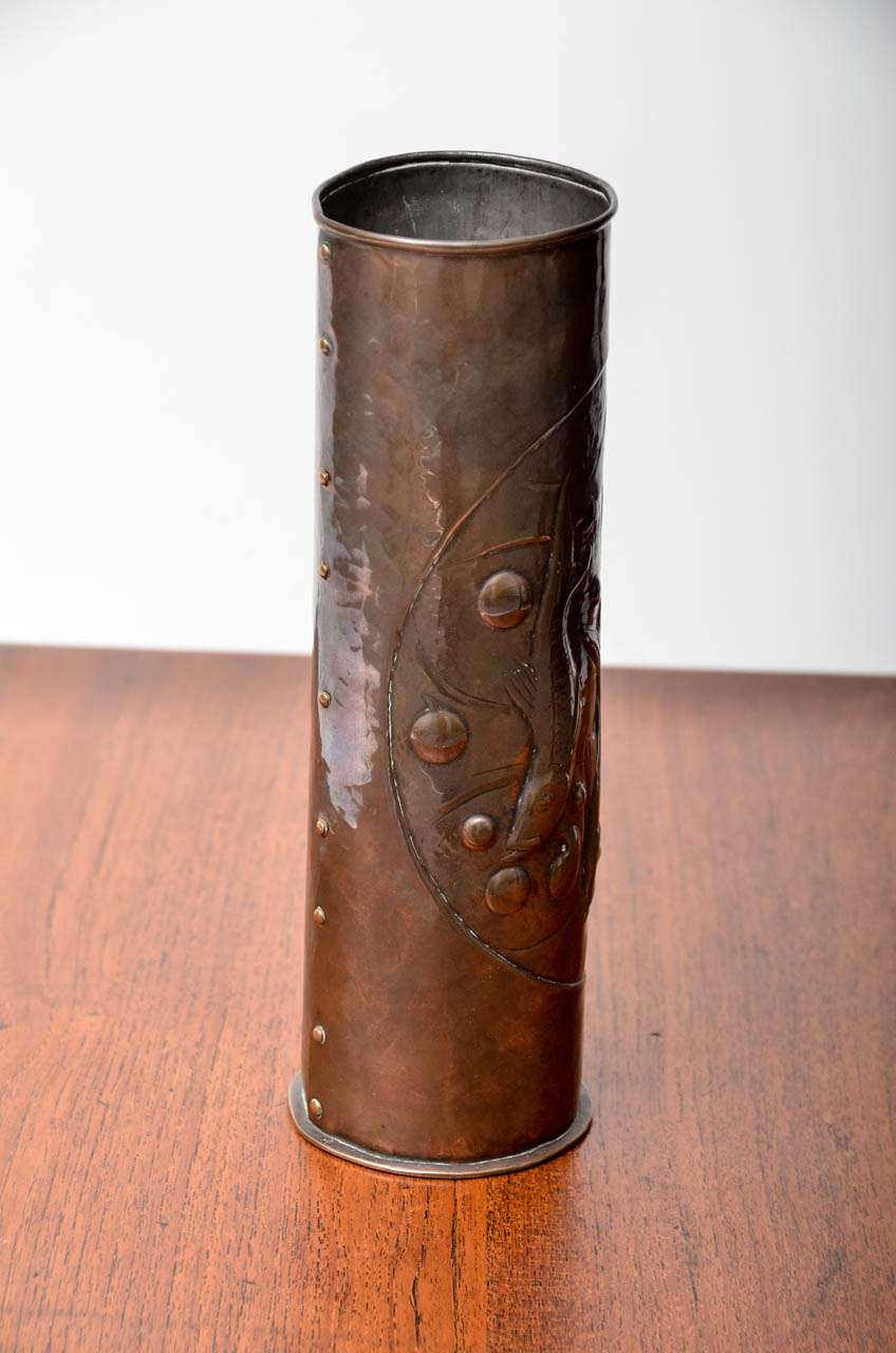 British Newlyn Repouse Copper Vase with Fish Motif ca. 1900