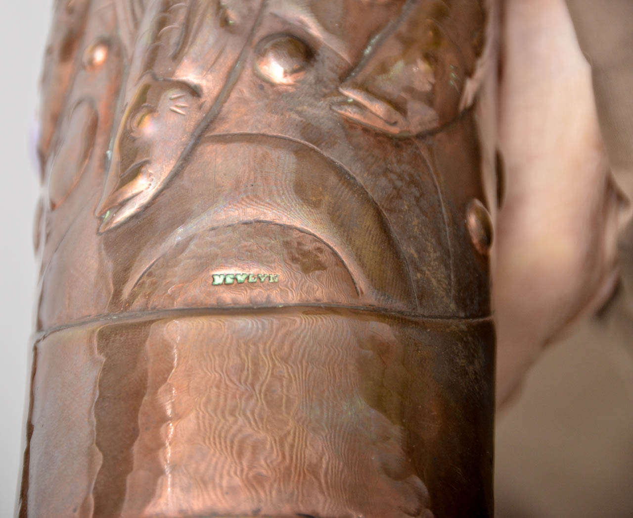 Newlyn Repouse Copper Vase with Fish Motif ca. 1900 In Good Condition In Southampton, NY