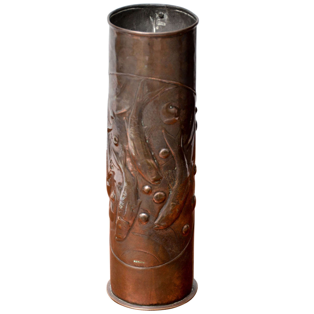 Newlyn Repouse Copper Vase with Fish Motif ca. 1900