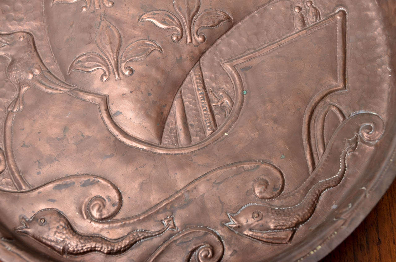 Arts and Crafts John Pearson Copper Charger with Arts & Crafts Ship, Waves and Sea Creatures For Sale