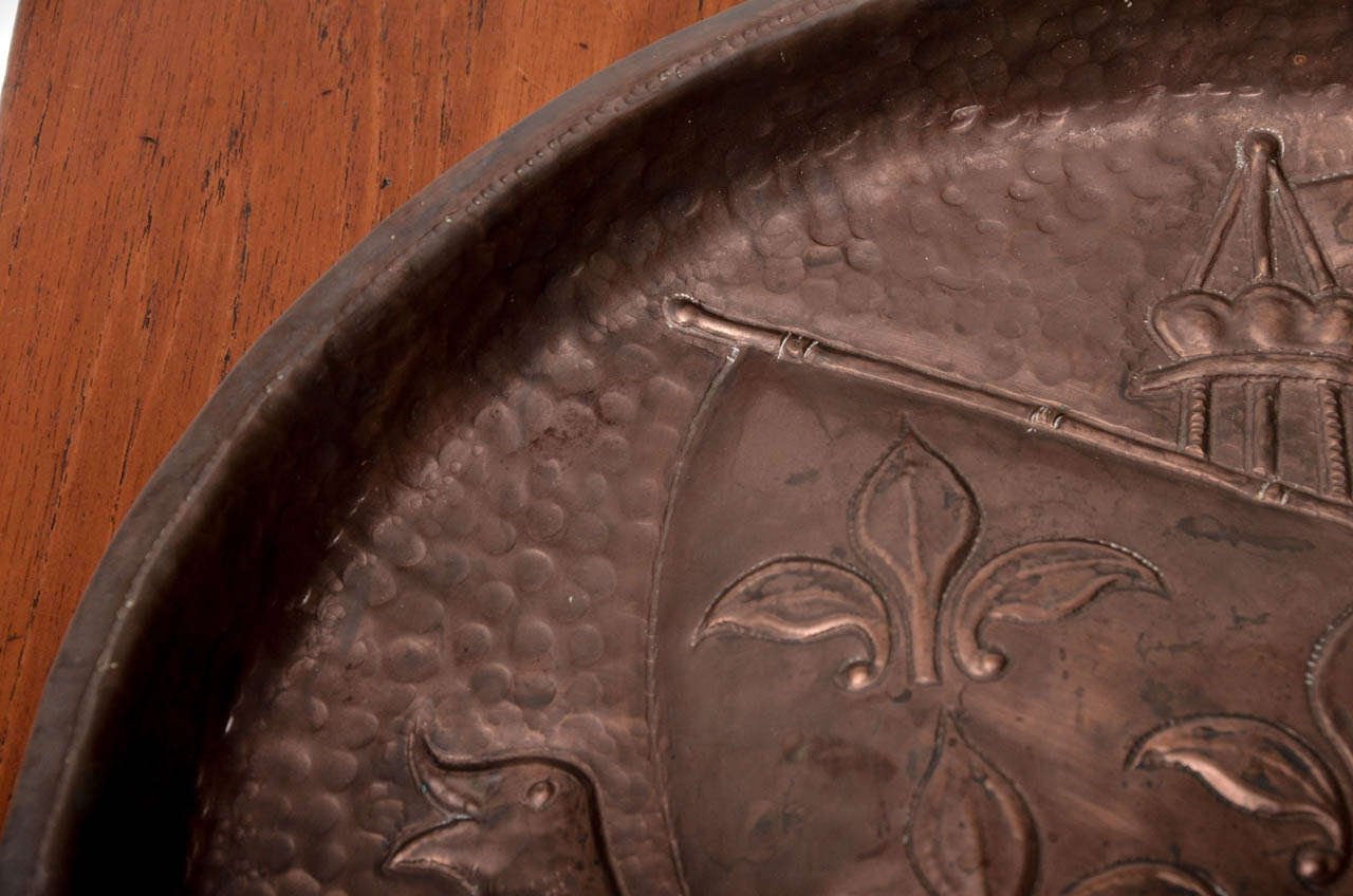 British John Pearson Copper Charger with Arts & Crafts Ship, Waves and Sea Creatures For Sale