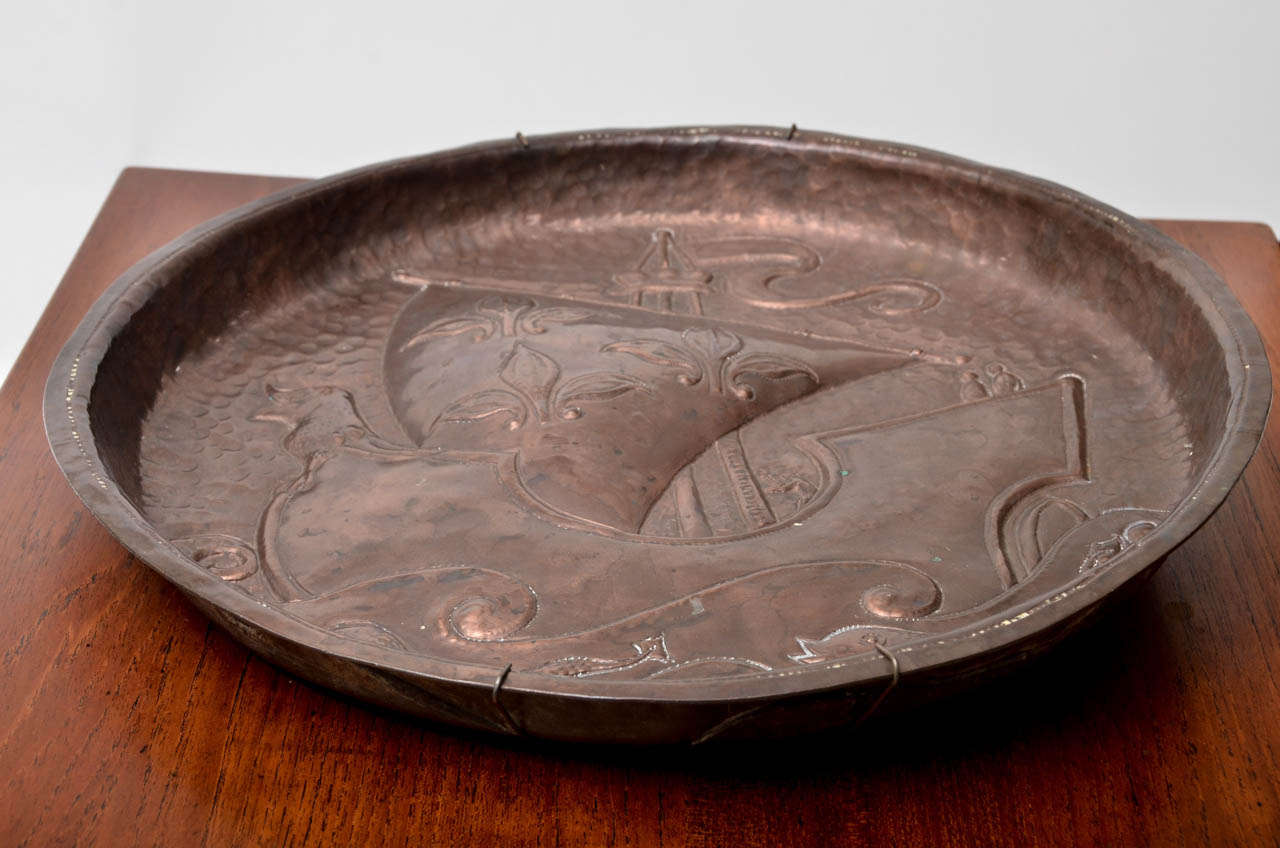 John Pearson Copper Charger with Arts & Crafts Ship, Waves and Sea Creatures In Good Condition For Sale In Southampton, NY