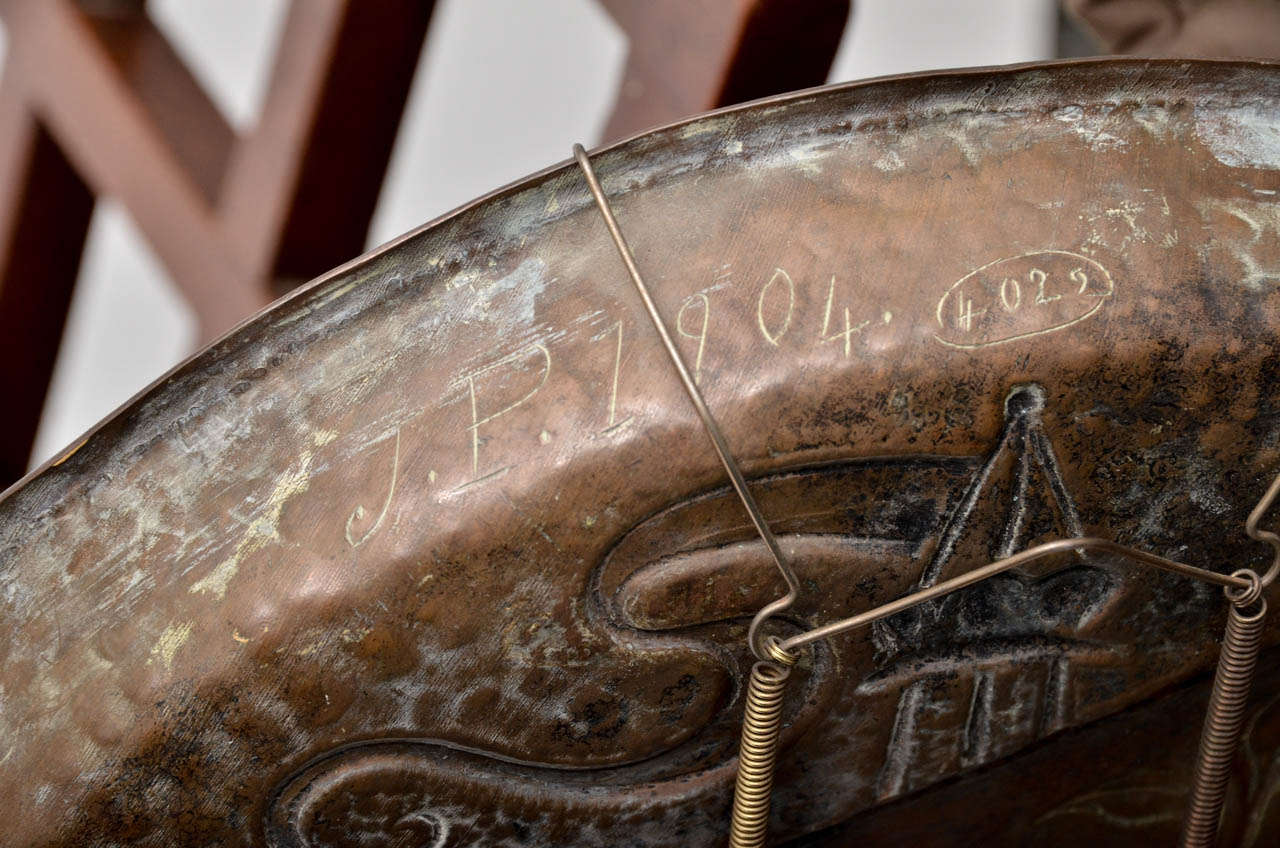 20th Century John Pearson Copper Charger with Arts & Crafts Ship, Waves and Sea Creatures For Sale